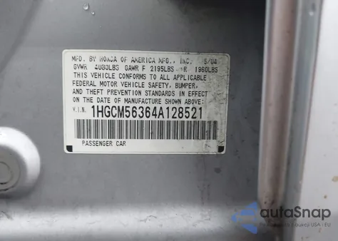 2004 Honda Accord 2.4 Lx из США, поврежденный, VIN 1HGCM56364A128521